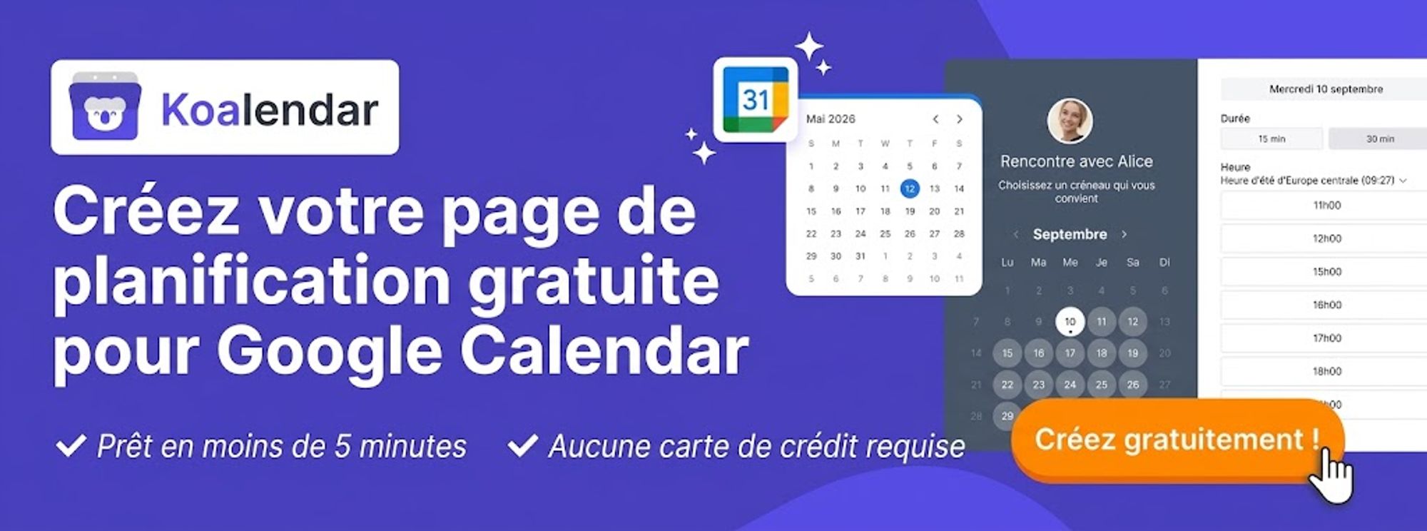 Créez gratuitement votre page de réservation pour Google Calendar — Koalendar, système gratuit de réservation de salles de réunion en ligne